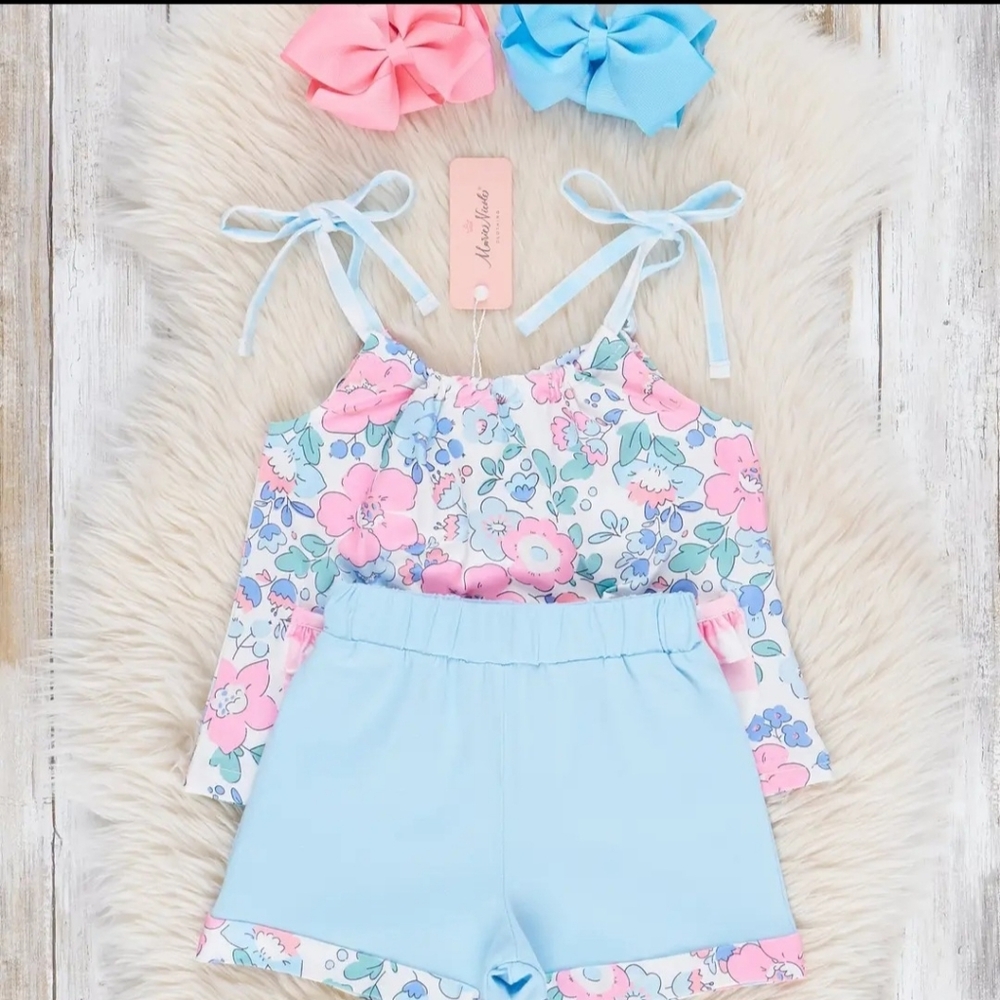 Marie Nicole Pink & Blue Gingham Floral Bloomers Outfit Sz 6-12M - Picture 4 of 4
